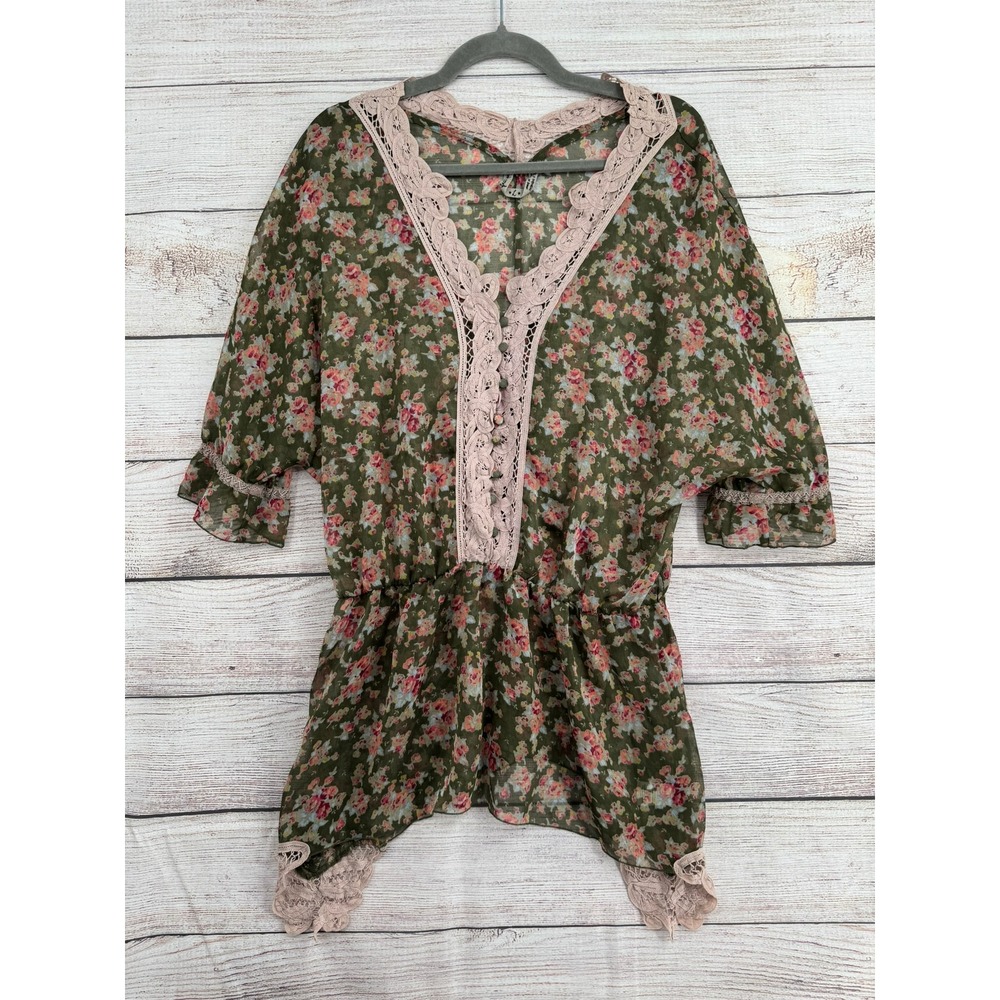 Free People Tunic Top Womens L Green Floral Lace Trim Chiffon Boho Semi Sheer